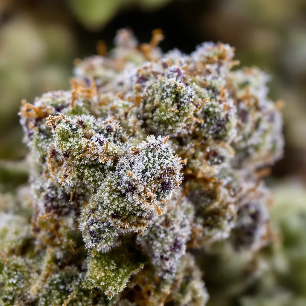$100 OG cannabis bud close-up showing balanced bud structure with frosted trichomes