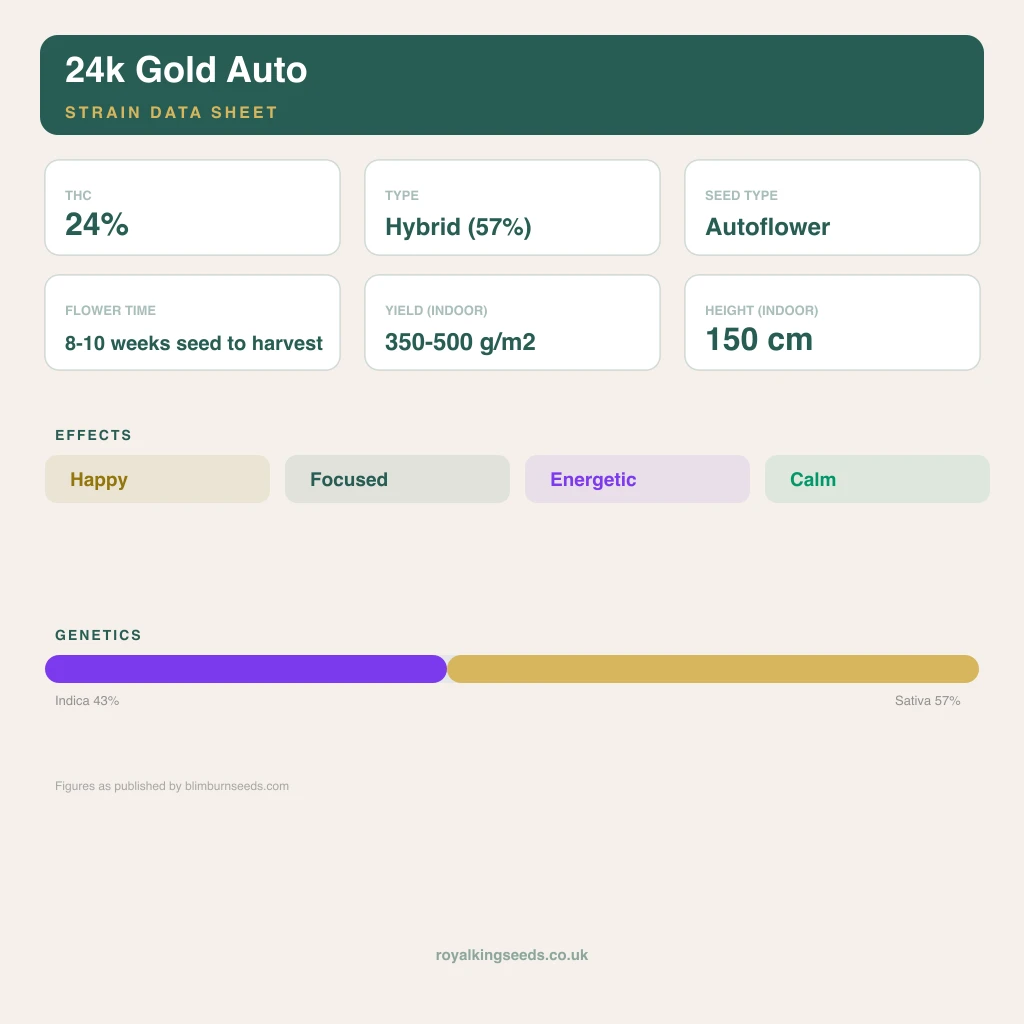 24k Gold 43% indica / 57% sativa flower with visible trichomes