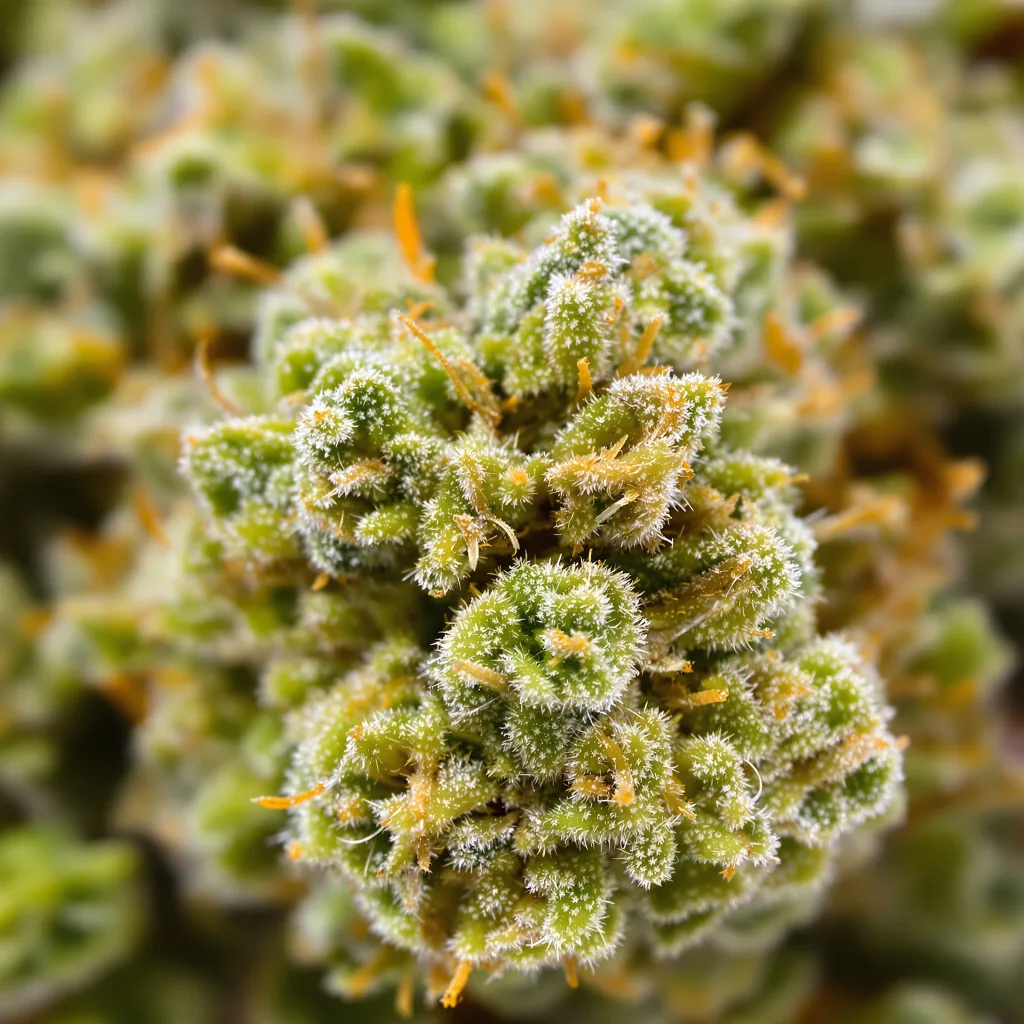 3 Kings cannabis bud close-up showing lime-green airy structure