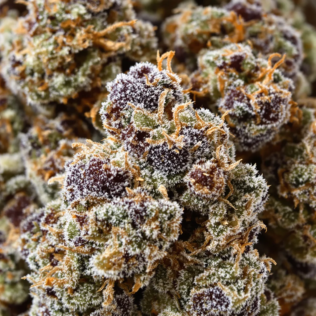 9 Pound Hammer cannabis bud close-up showing dense purple-tinged calyxes