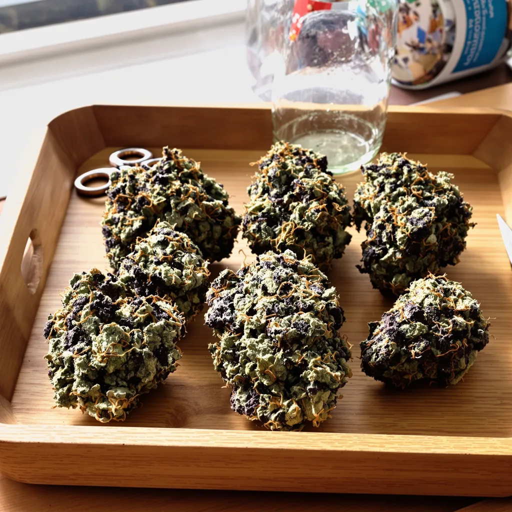 A-10 70% indica / 20% sativa flower with visible trichomes
