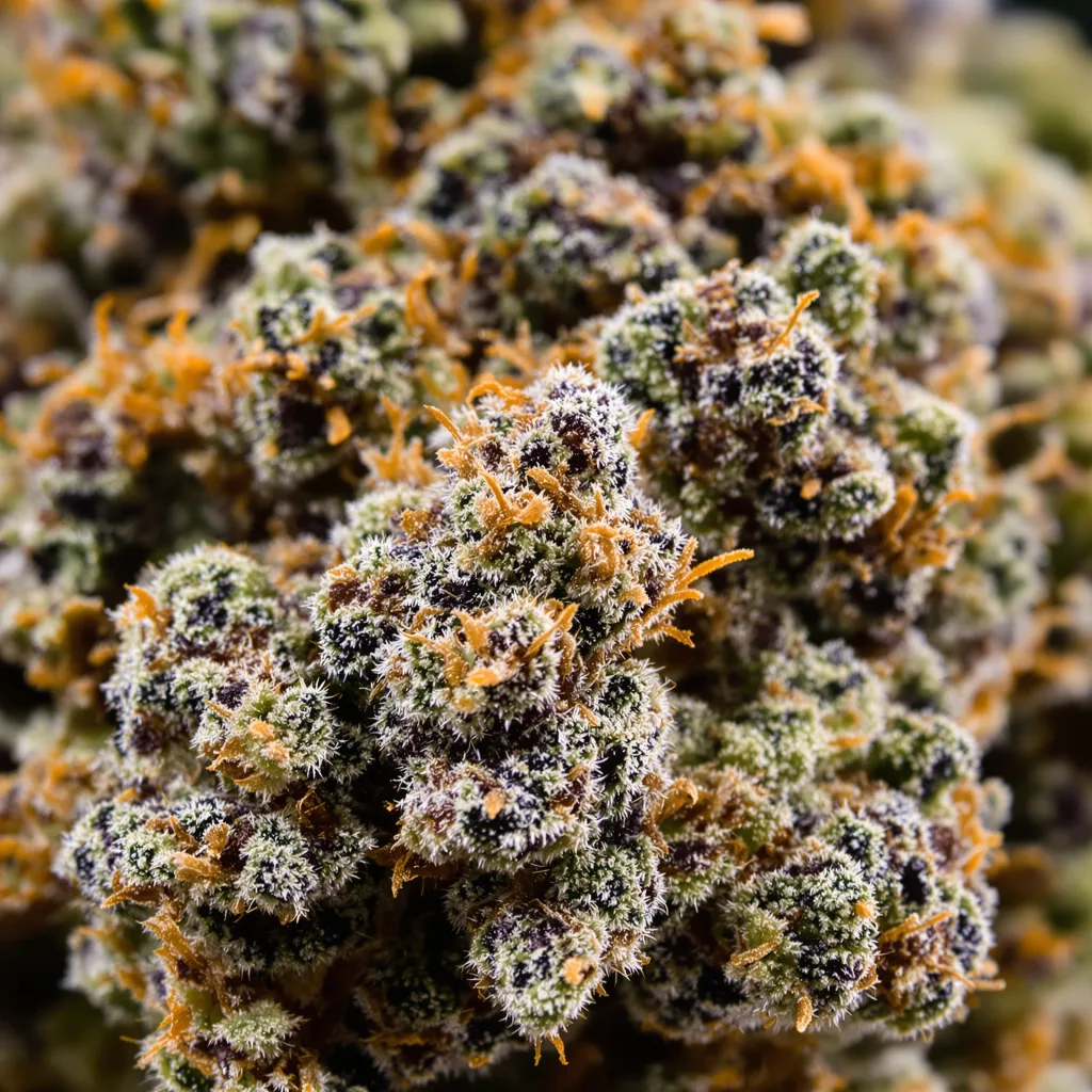 A-10 cannabis bud close-up showing dense purple-tinged calyxes