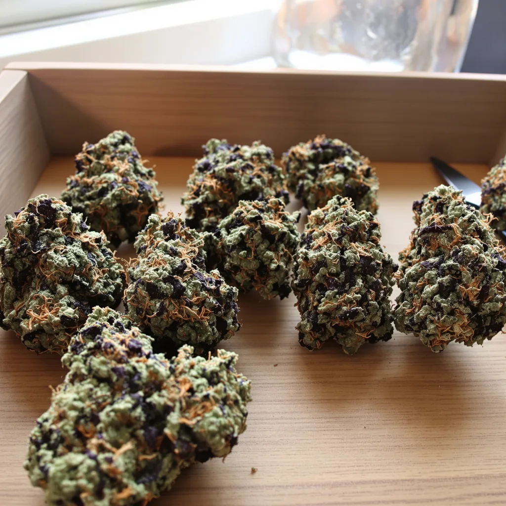 A-10 70% indica / 20% sativa flower with visible trichomes