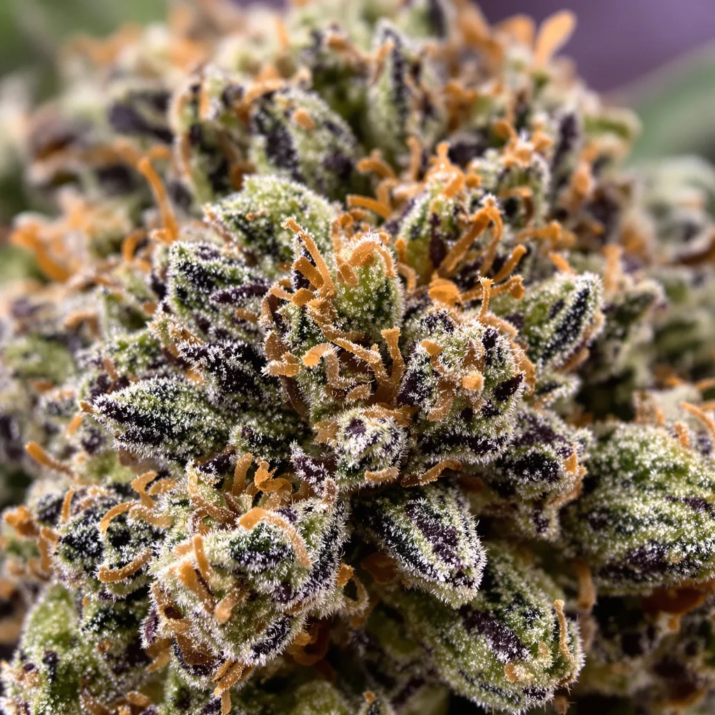 A-Train cannabis bud close-up showing dense purple-tinged calyxes