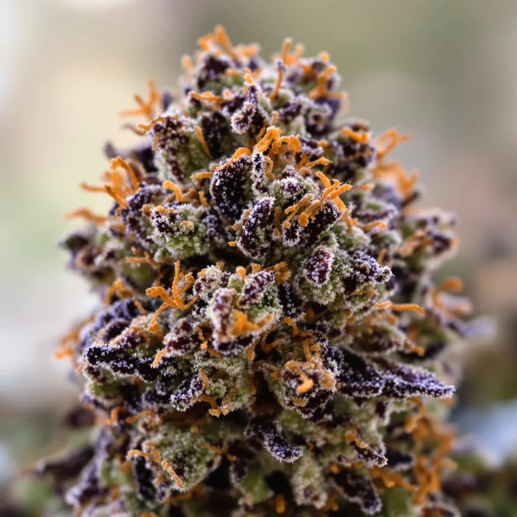 A-Train cannabis bud close-up showing dense purple-tinged calyxes