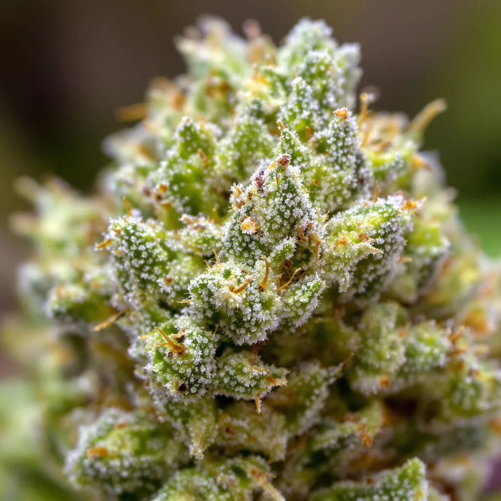 Acapulco Gold cannabis bud close-up showing lime-green airy structure