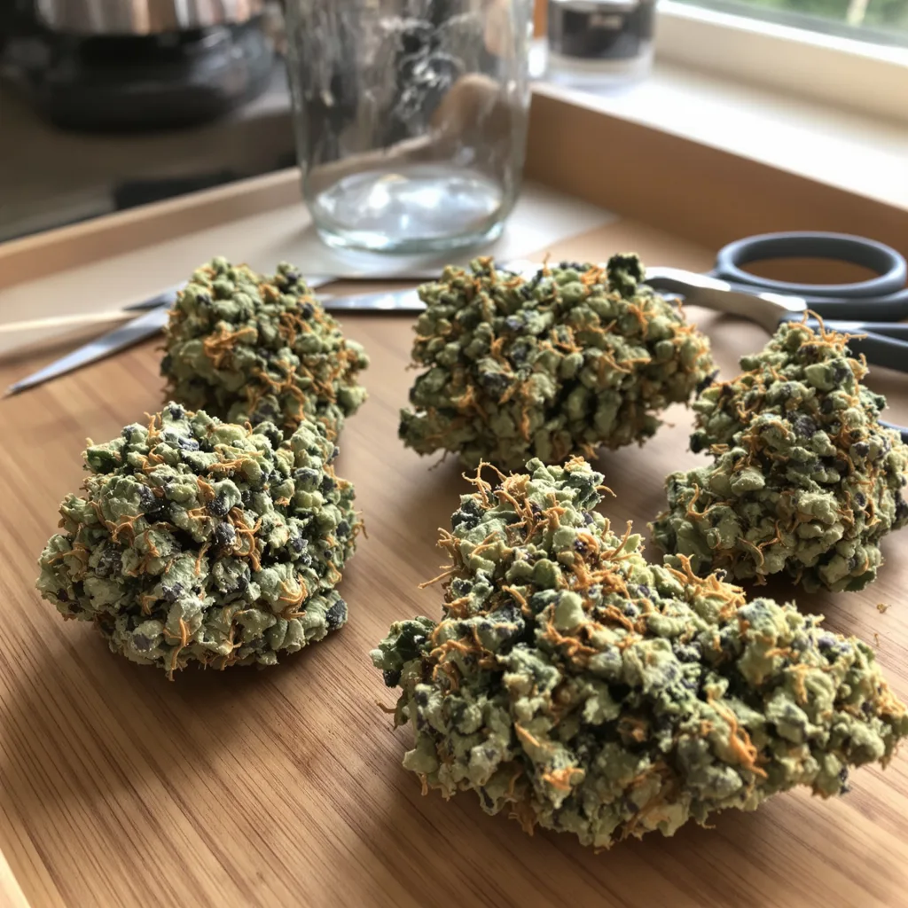 Adios 58% indica / 42% sativa flower with visible trichomes