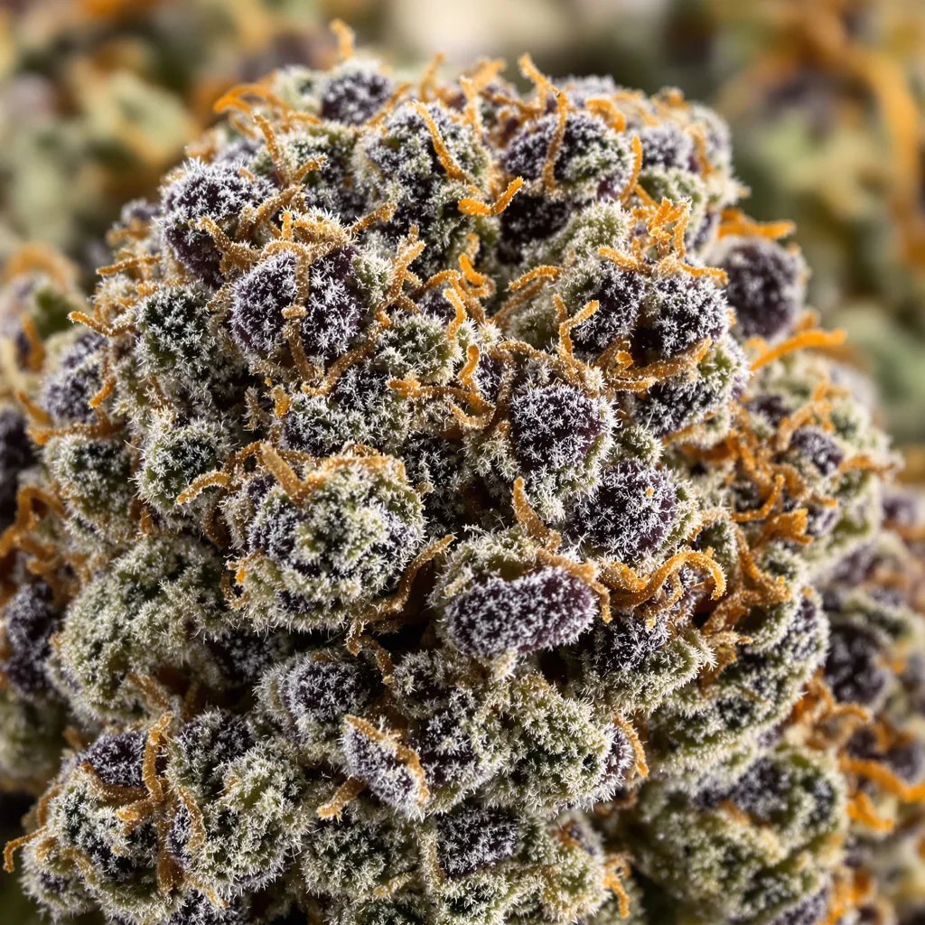 Afghan Kush cannabis bud close-up showing dense purple-tinged calyxes