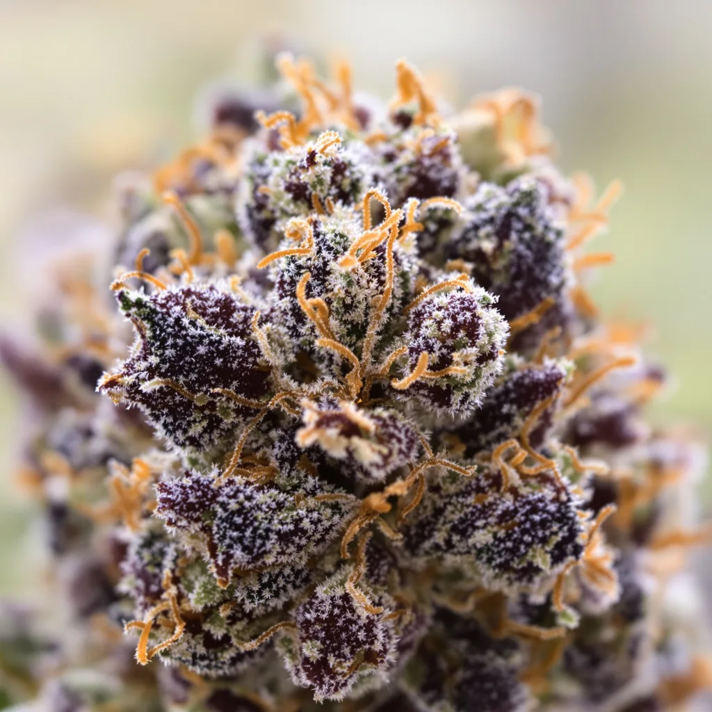 Afghani cannabis bud close-up showing dense purple-tinged calyxes
