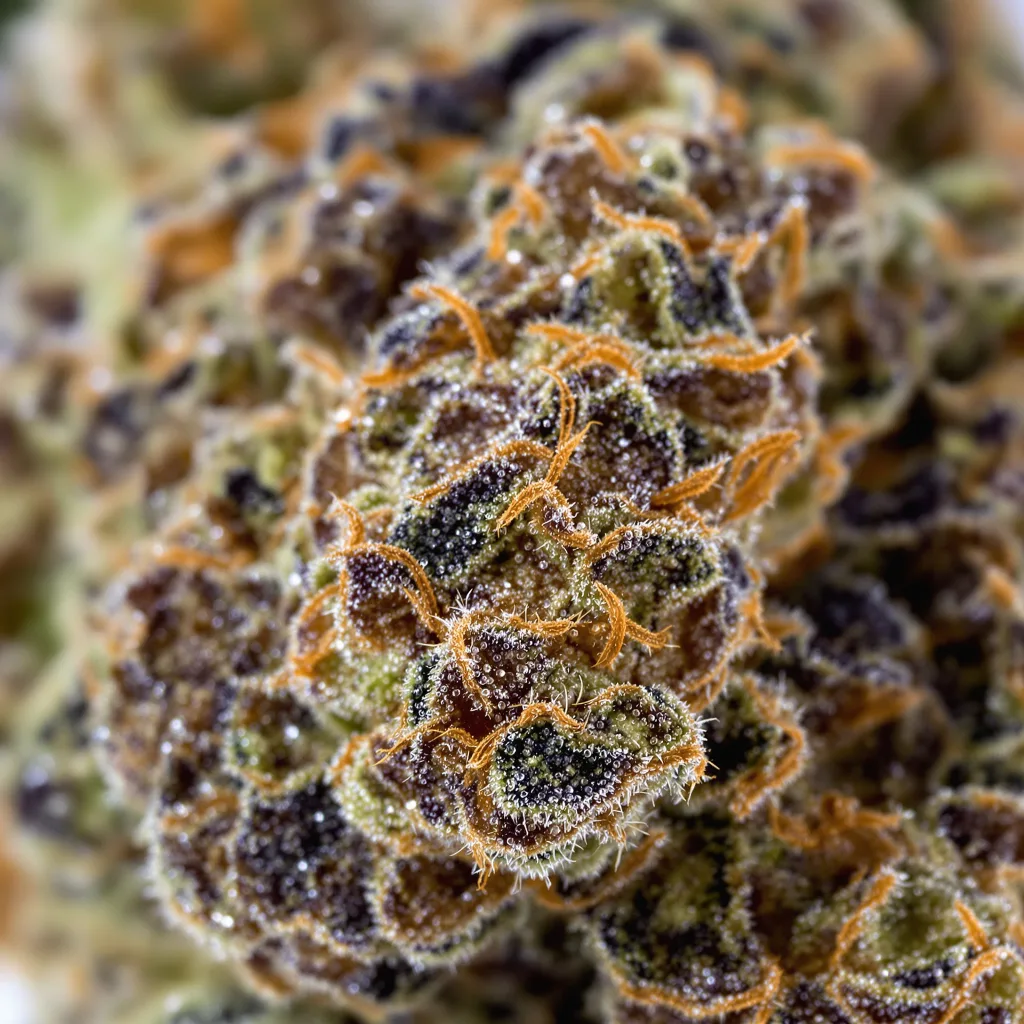 Afghani cannabis bud close-up showing dense purple-tinged calyxes