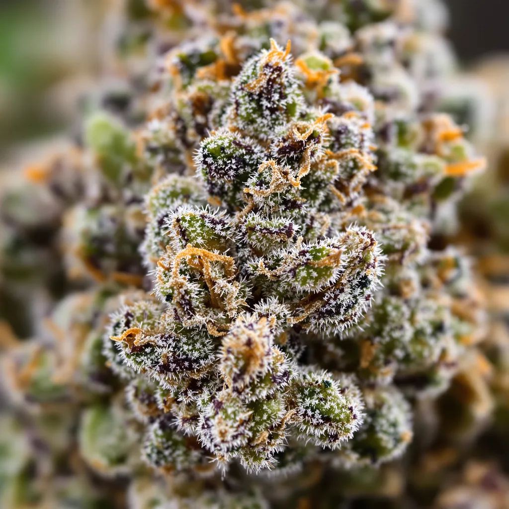 Afgooey cannabis bud close-up showing dense purple-tinged calyxes