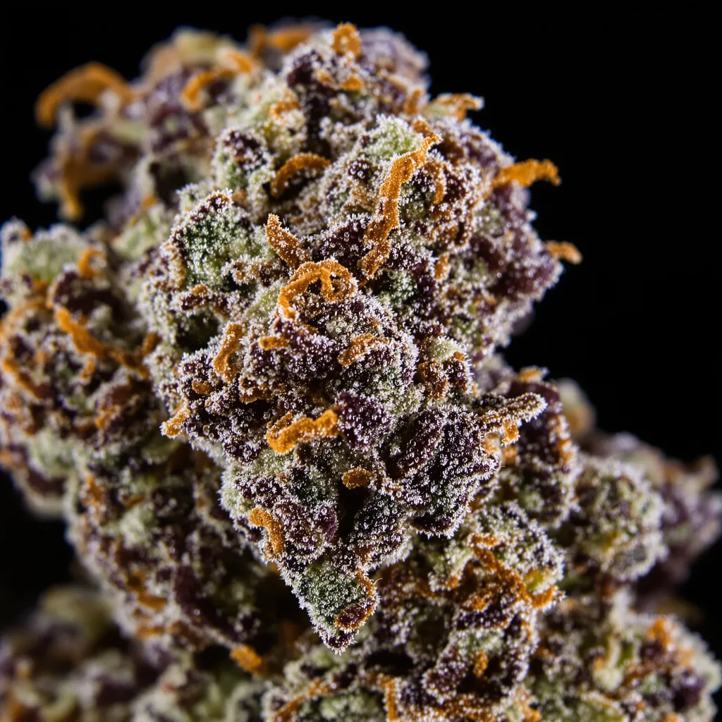 Afgooey cannabis bud close-up showing dense purple-tinged calyxes