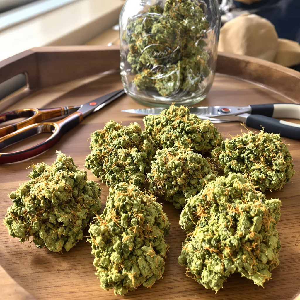 Agent Tangie 11% indica / 89% sativa flower with visible trichomes