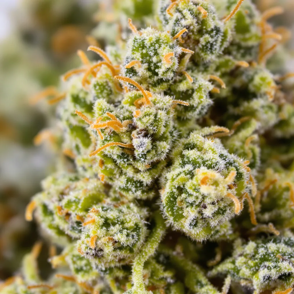 Agent Tangie cannabis bud close-up showing lime-green airy structure