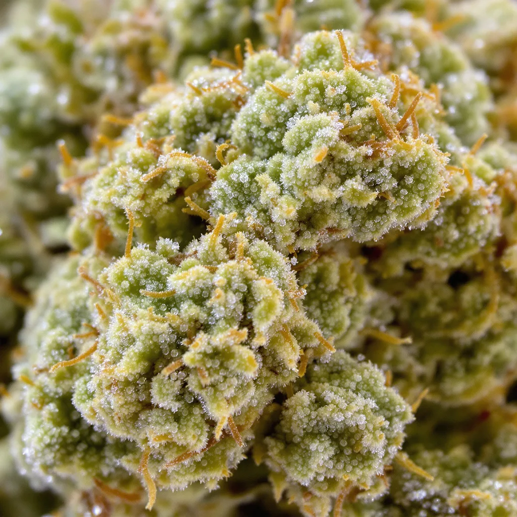 Agent Tangie cannabis bud close-up showing lime-green airy structure