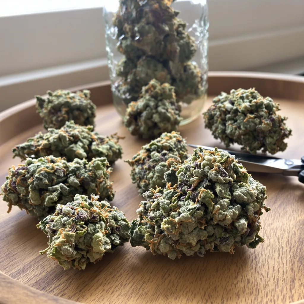 AK-48 51% indica / 49% sativa flower with visible trichomes