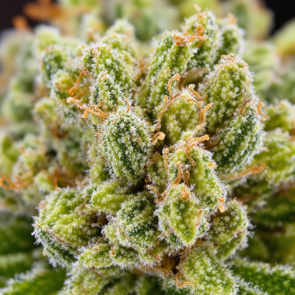 AK cannabis bud close-up showing lime-green airy structure