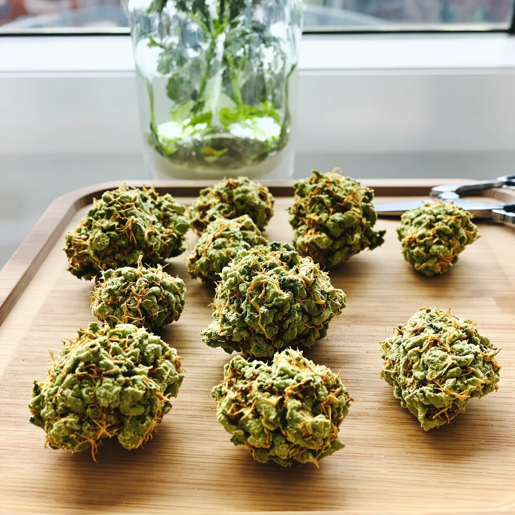 Alaskan Ice 6% indica / 94% sativa flower with visible trichomes