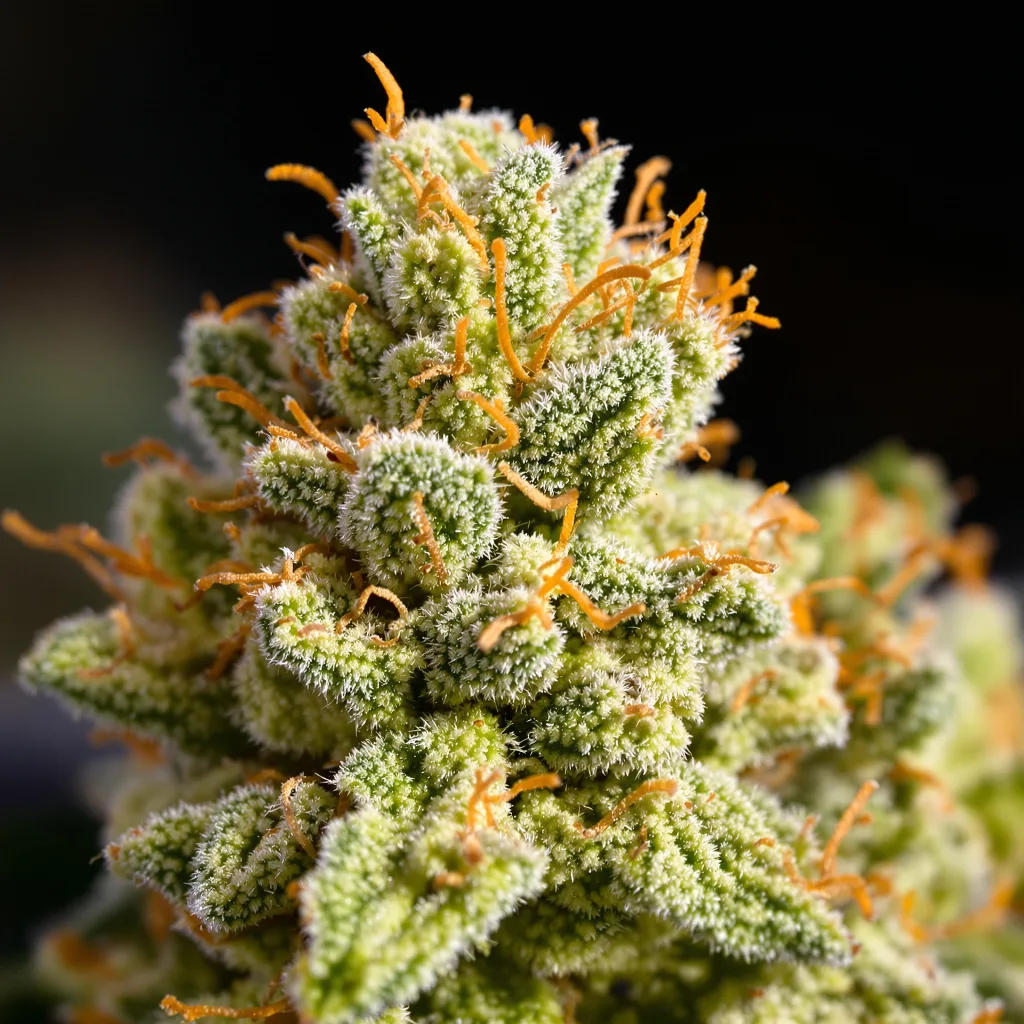 Alaskan Ice cannabis bud close-up showing lime-green airy structure