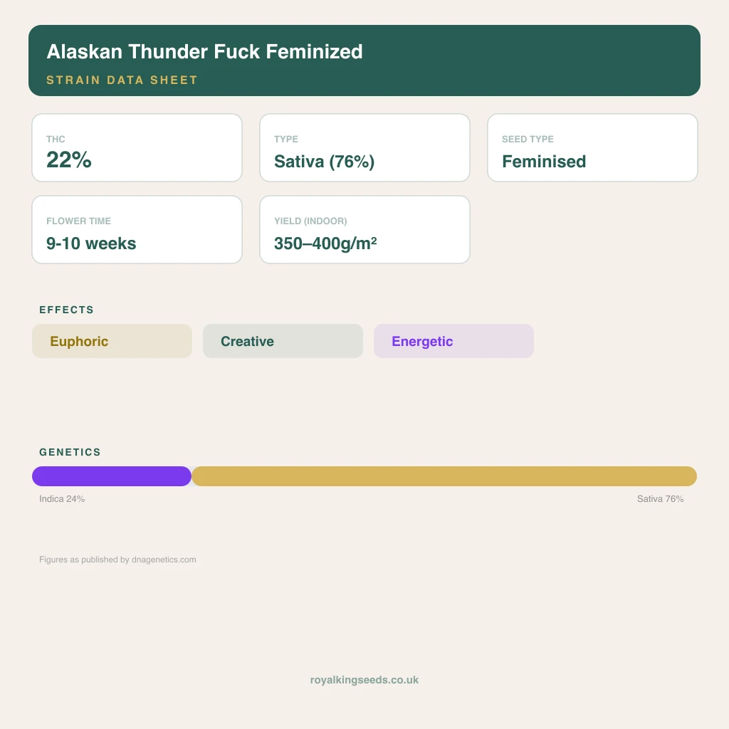 Alaskan Thunder Fuck 24% indica / 76% sativa flower with visible trichomes