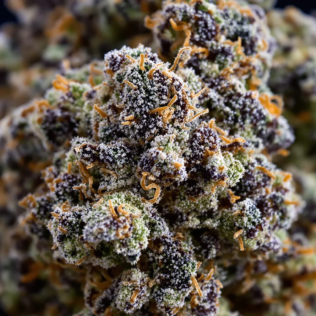 Alien Dawg cannabis bud close-up showing dense purple-tinged calyxes