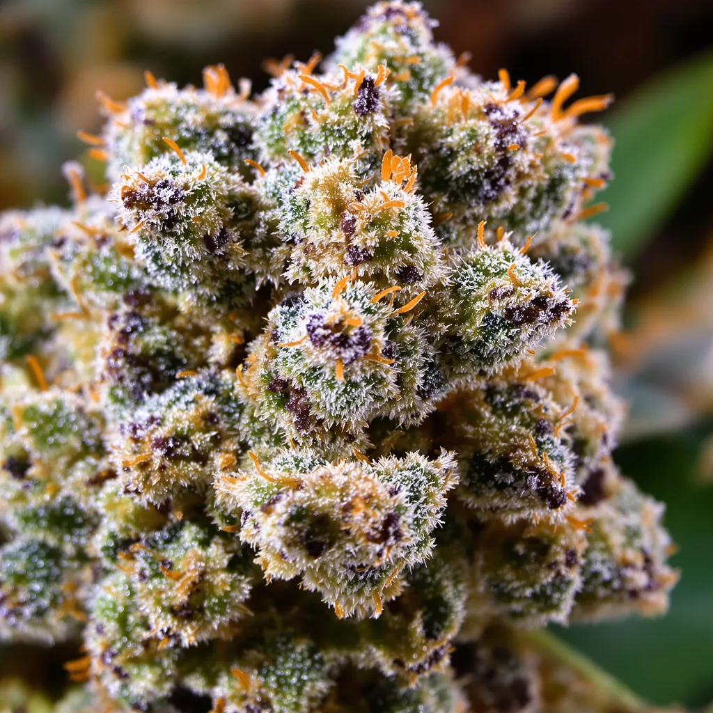 Alien Kush cannabis bud close-up showing balanced bud structure with frosted trichomes