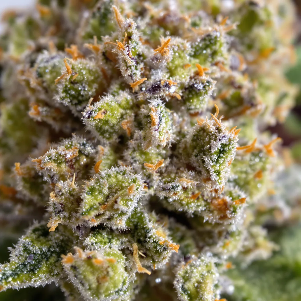 Alien Reunion cannabis bud close-up showing balanced bud structure with frosted trichomes