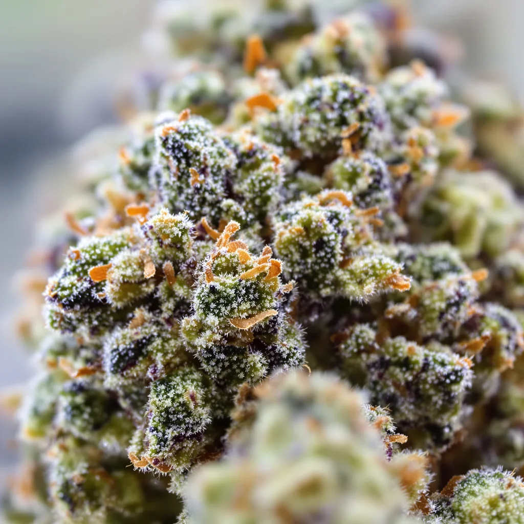 Alien Reunion cannabis bud close-up showing balanced bud structure with frosted trichomes