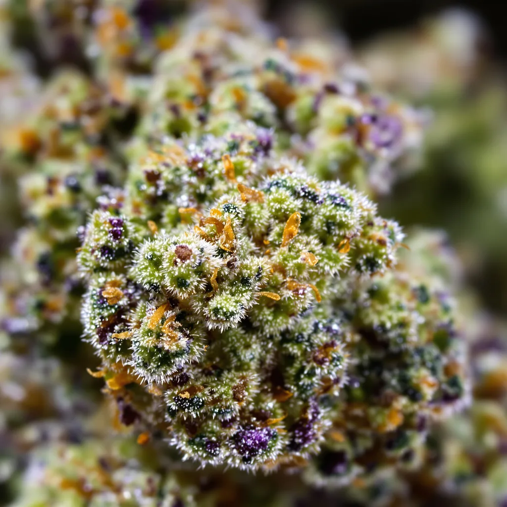 Alien Rock Candy cannabis bud close-up showing balanced bud structure with frosted trichomes