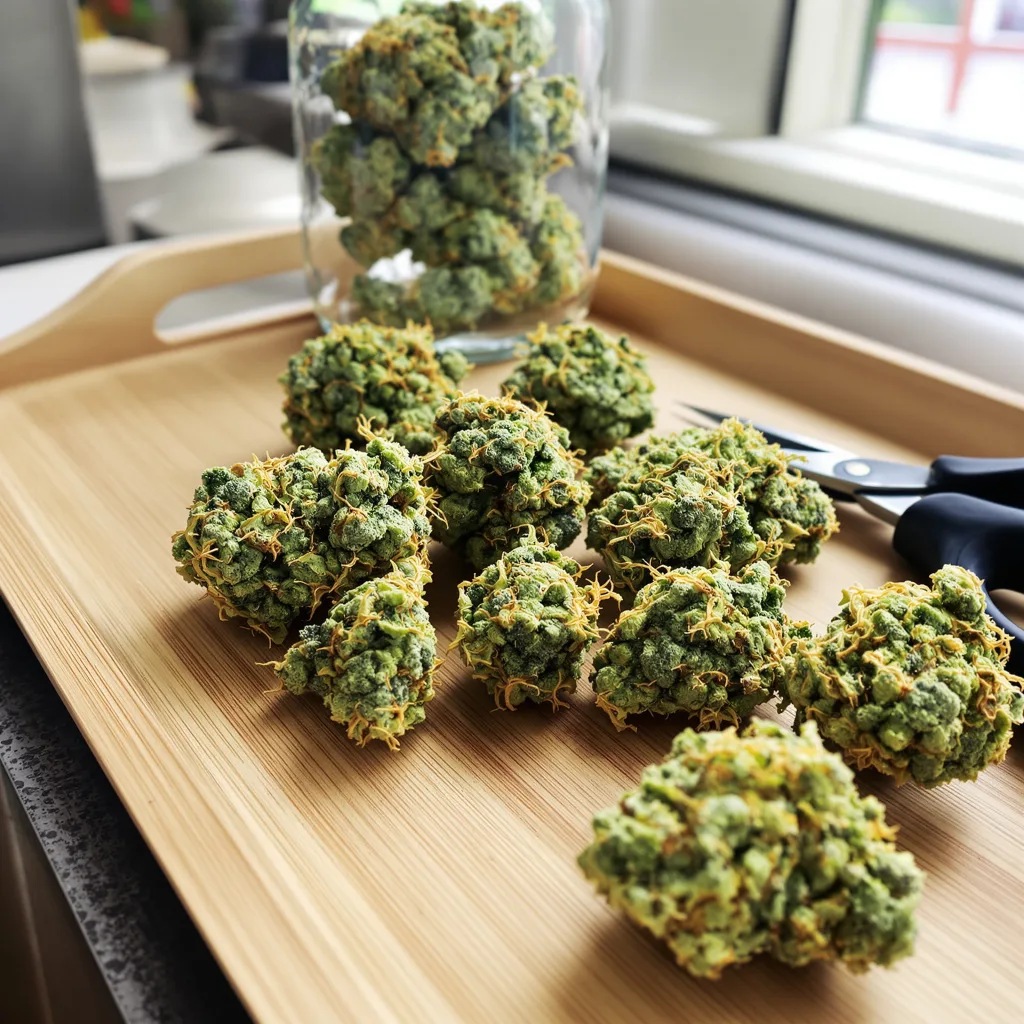 Alpha Blue 24% indica / 76% sativa flower with visible trichomes