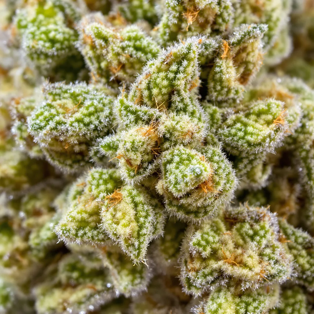 Alpha Blue cannabis bud close-up showing lime-green airy structure