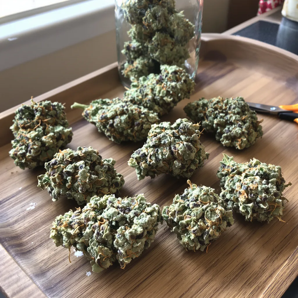 Alpine Blue 49% indica / 51% sativa flower with visible trichomes