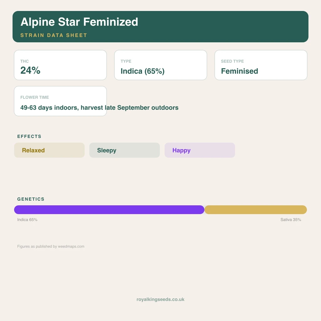 Alpine Star 65% indica / 35% sativa flower with visible trichomes