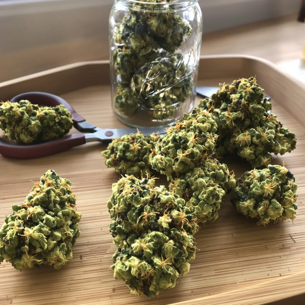 Ambrosia 16% indica / 84% sativa flower with visible trichomes