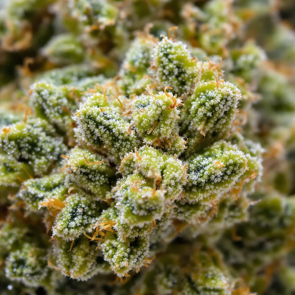 Ambrosia cannabis bud close-up showing lime-green airy structure