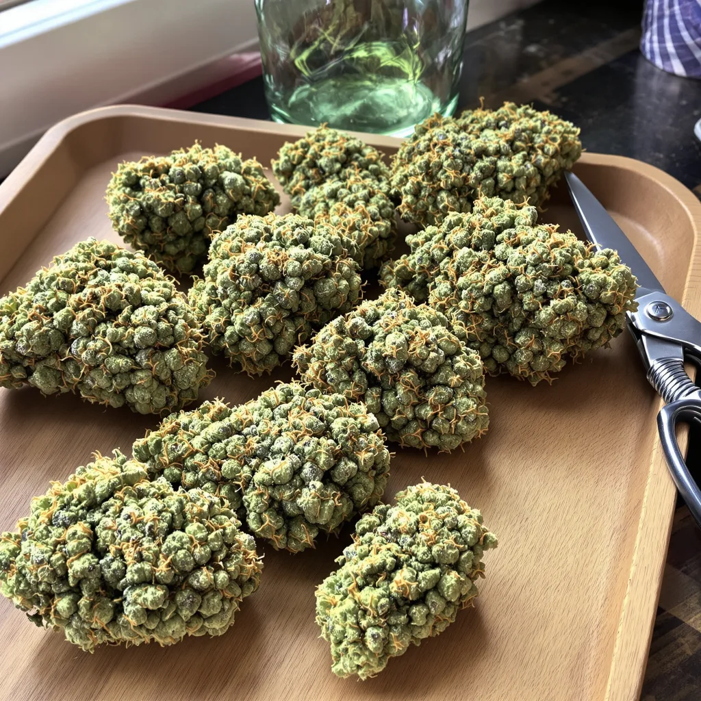 American Haze 16% indica / 84% sativa flower with visible trichomes
