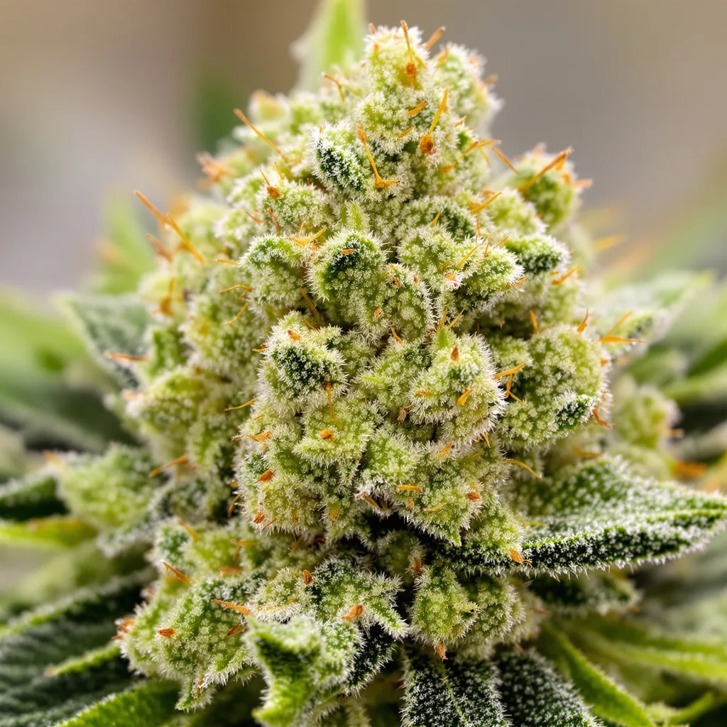 American Haze cannabis bud close-up showing lime-green airy structure
