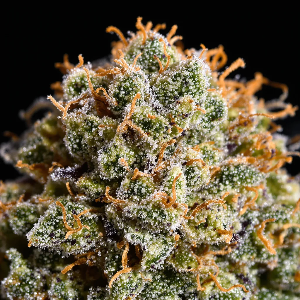 American Strains Pack cannabis bud close-up showing open-bud structure with orange pistils