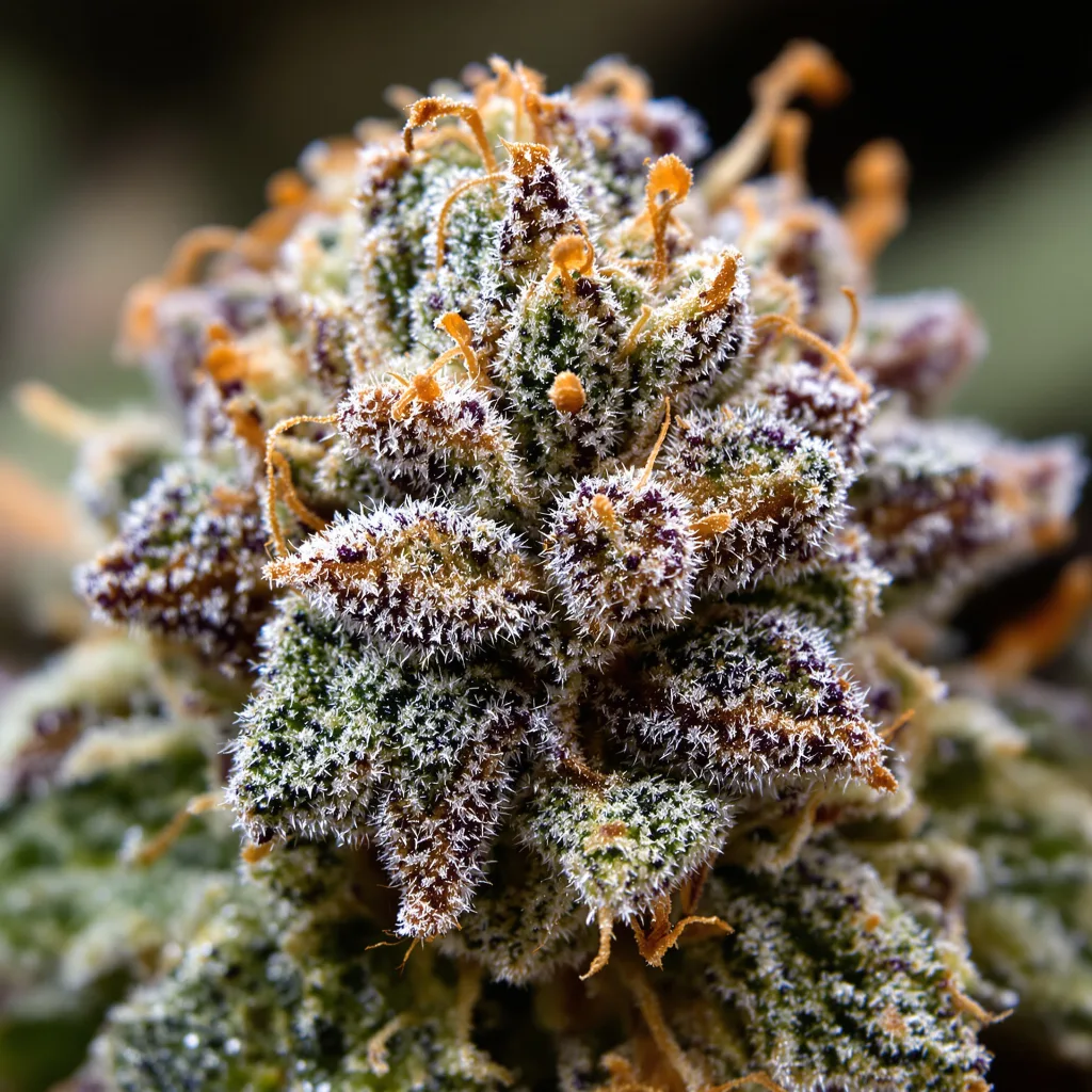Amethyst cannabis bud close-up showing balanced bud structure with frosted trichomes