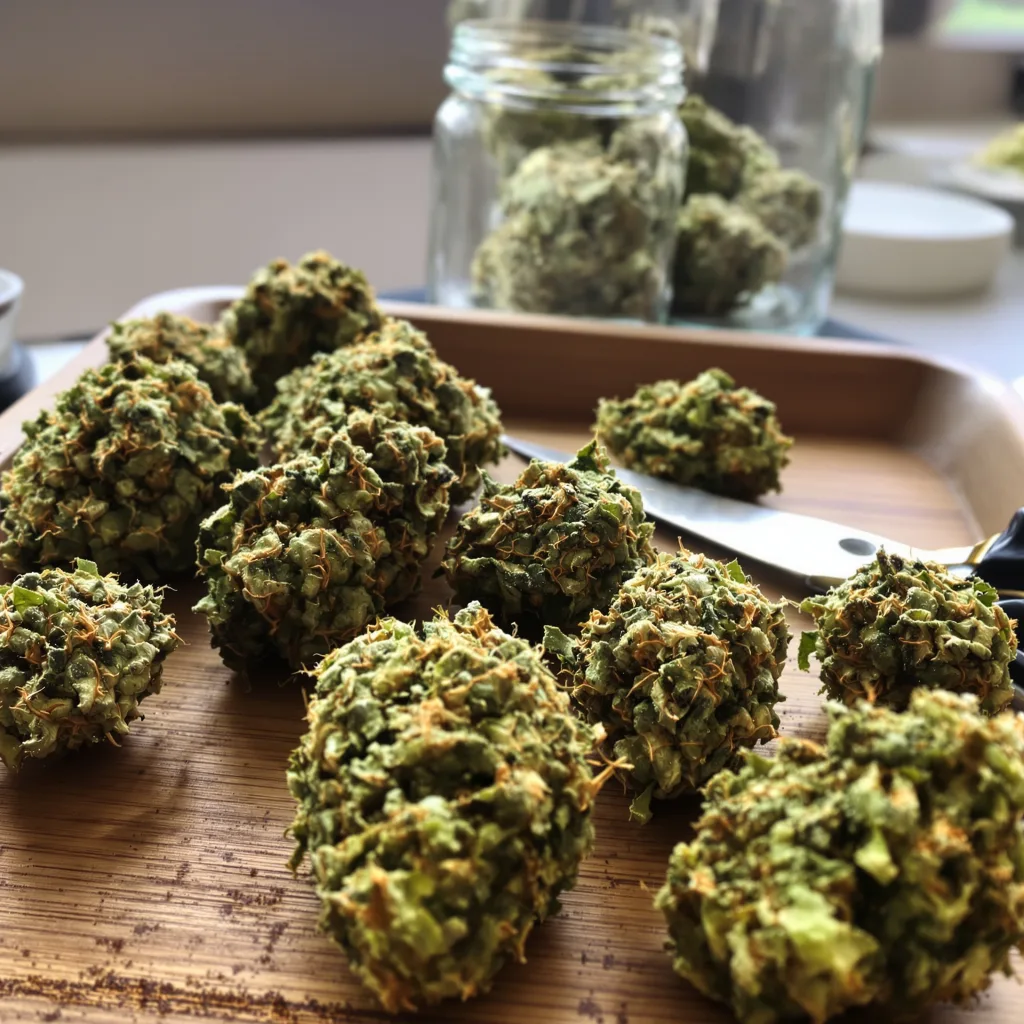 Amnesia 16% indica / 84% sativa flower with visible trichomes