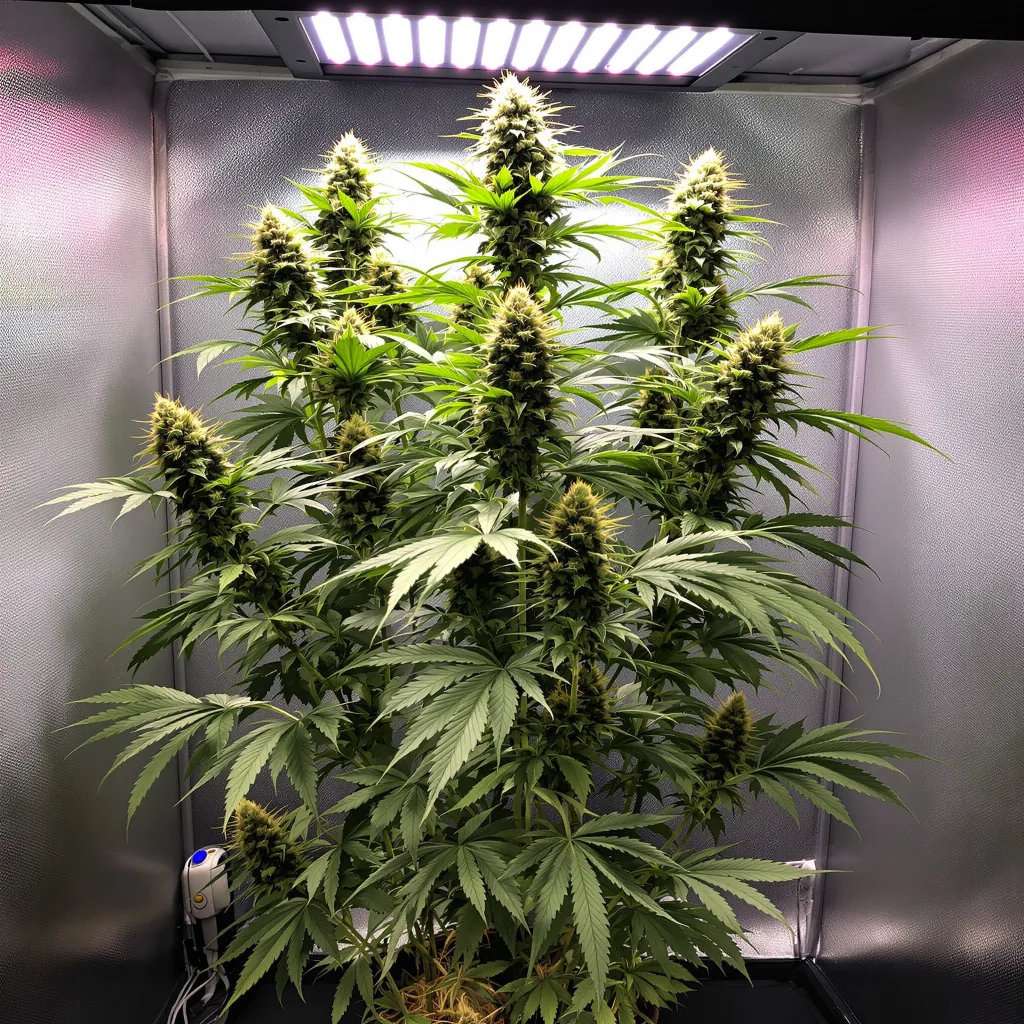 Amnesia 16% indica / 84% sativa flower with visible trichomes