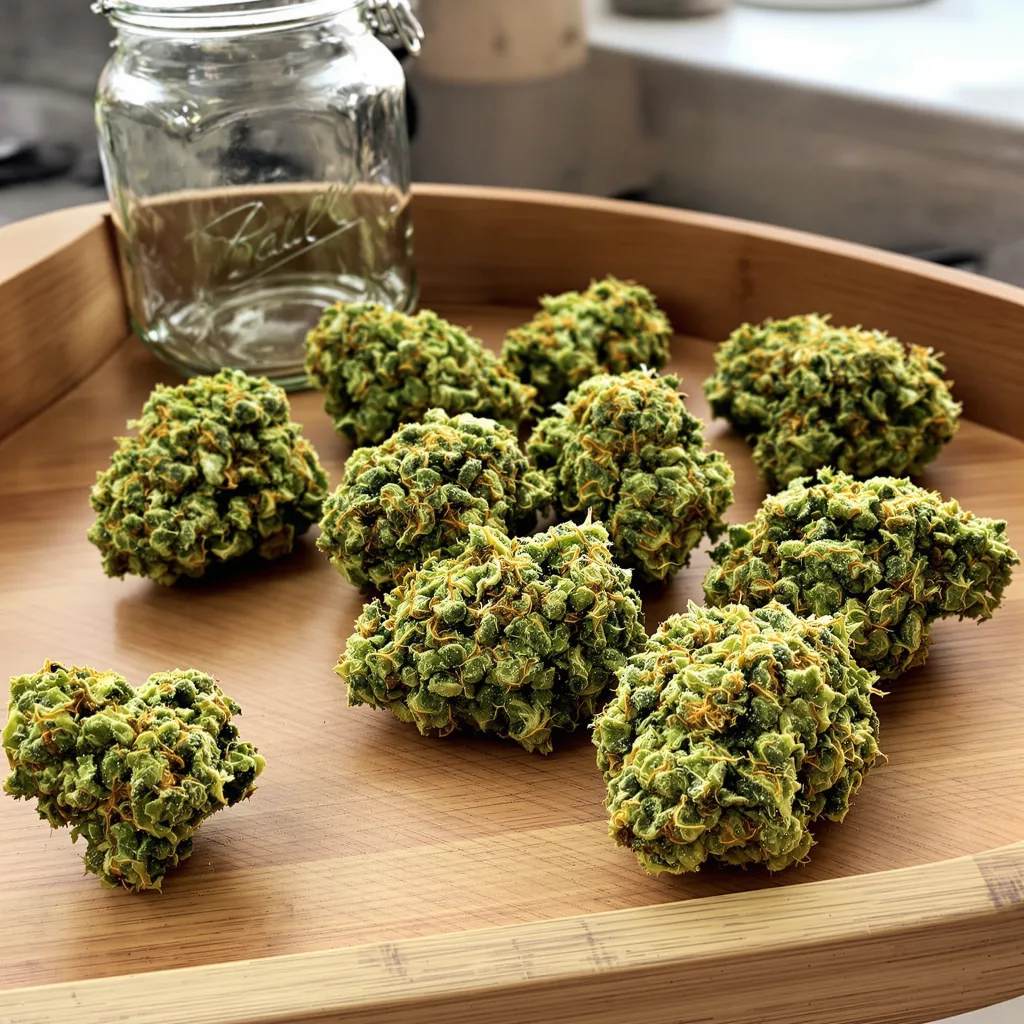 Amnesia 16% indica / 84% sativa flower with visible trichomes