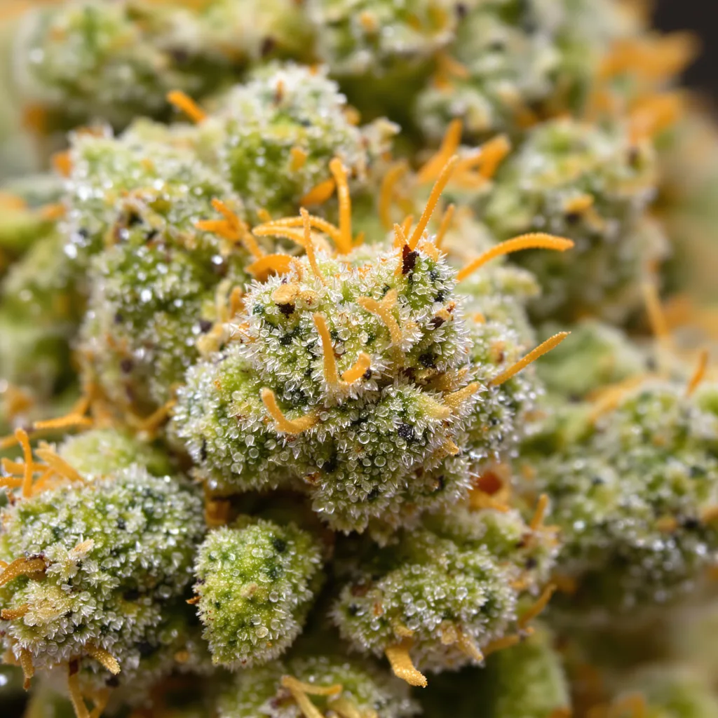 Amnesia Haze cannabis bud close-up showing lime-green airy structure