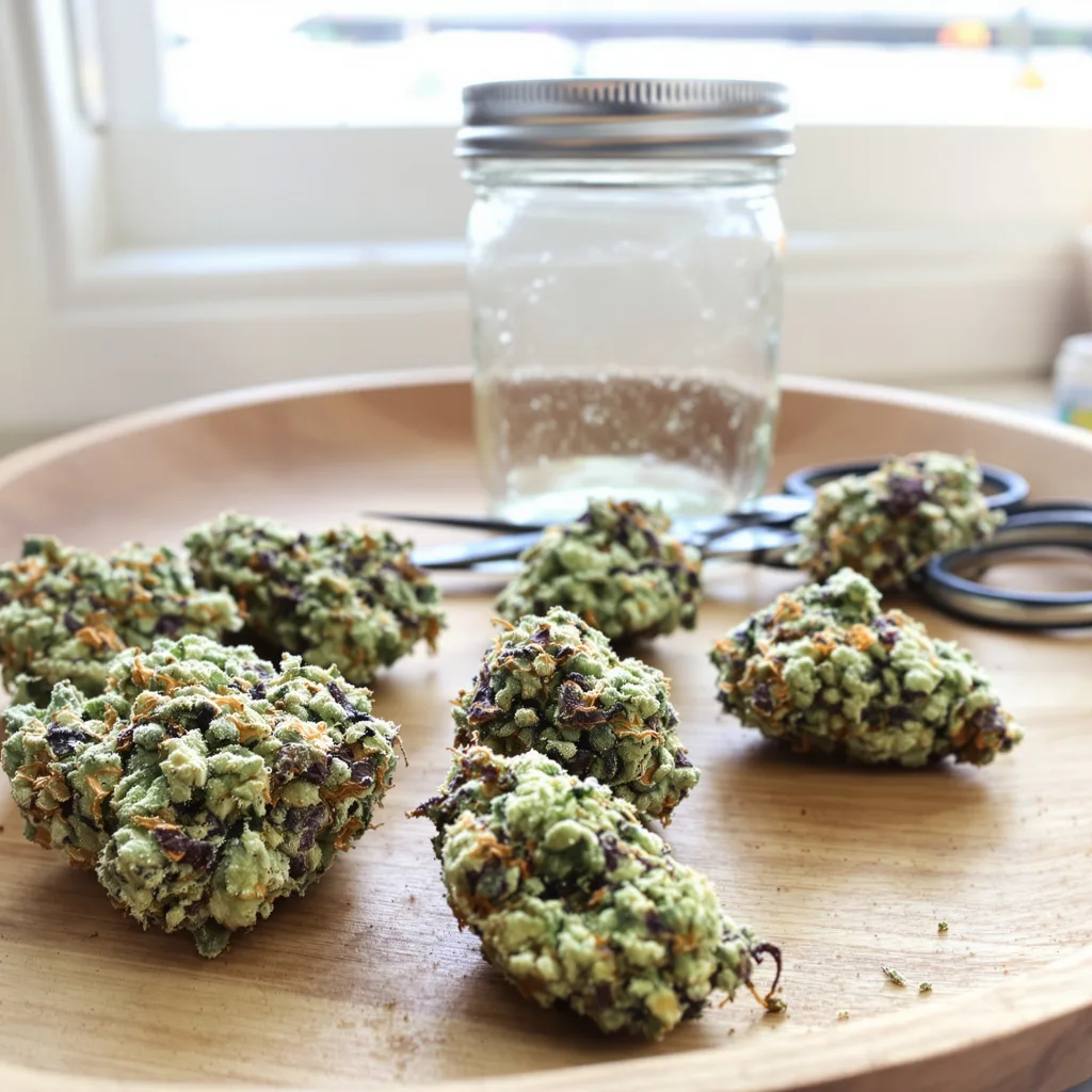 Amnesia Lemon 43% indica / 57% sativa flower with visible trichomes