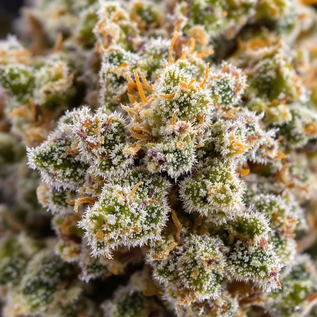 Amsterdam cannabis bud close-up showing dense forest-green nugs