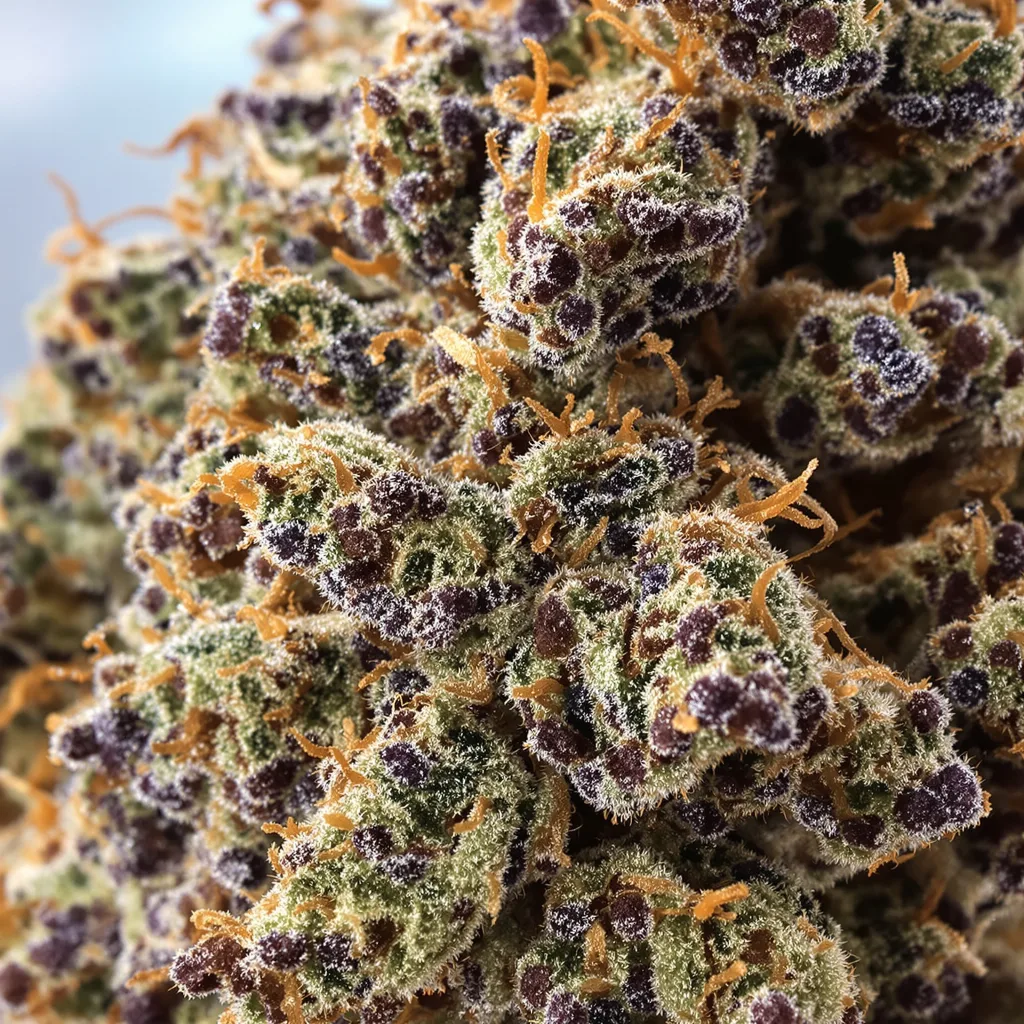 Ancient Kush cannabis bud close-up showing dense purple-tinged calyxes