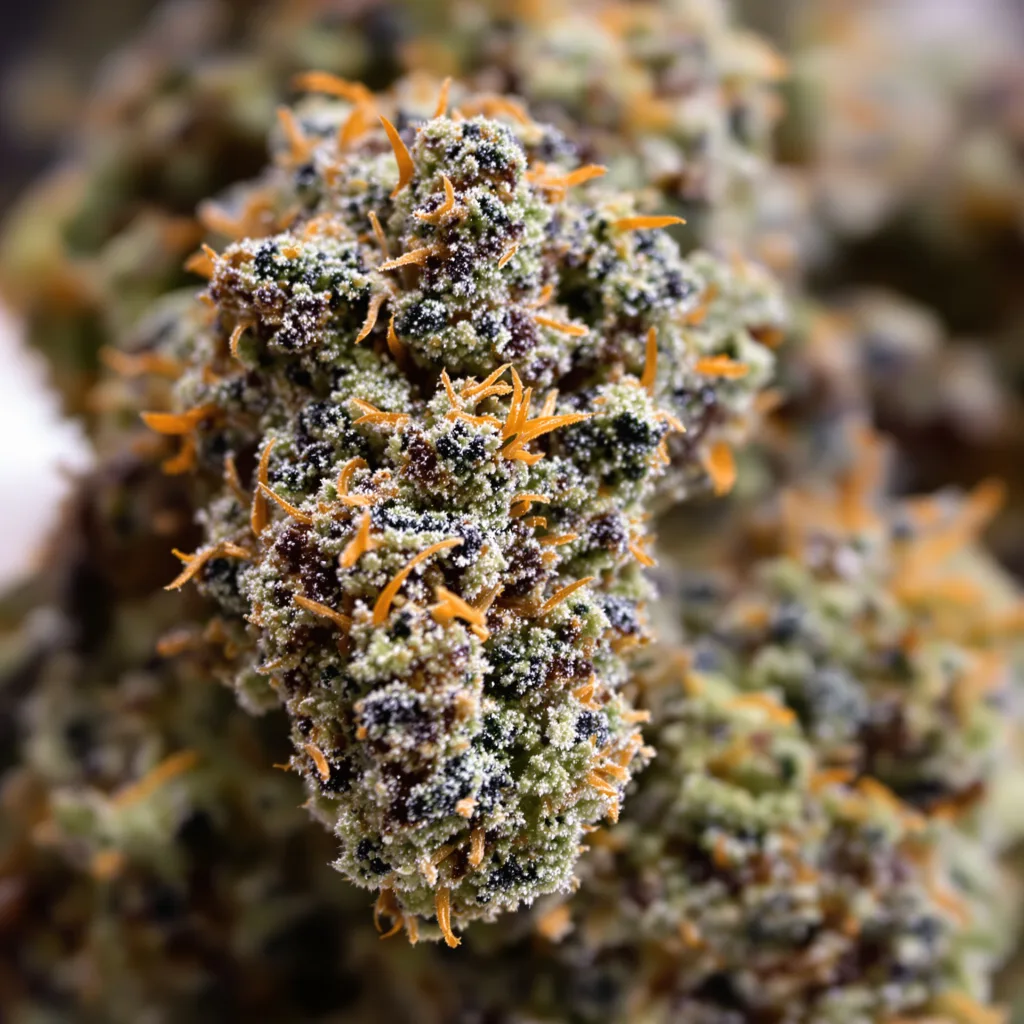 Ancient OG cannabis bud close-up showing dense purple-tinged calyxes