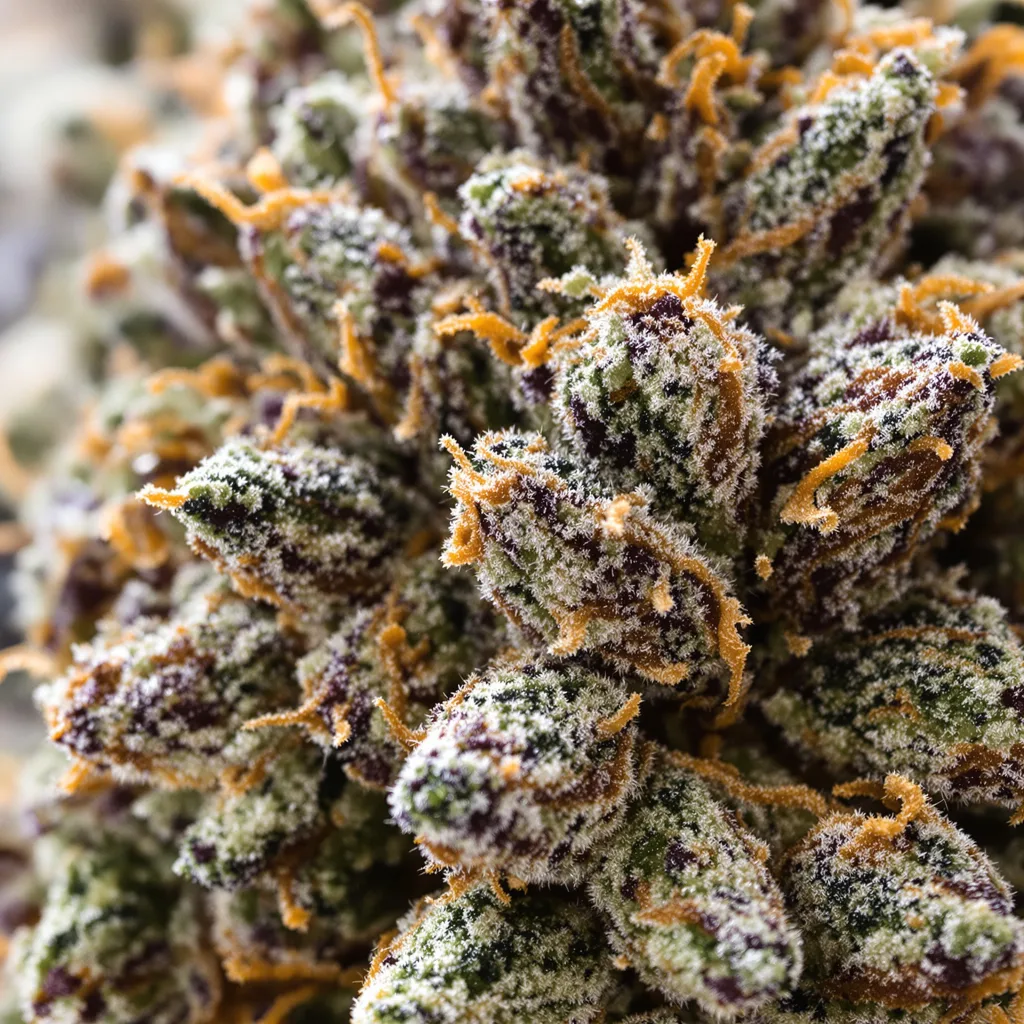 Anesthesia cannabis bud close-up showing dense purple-tinged calyxes