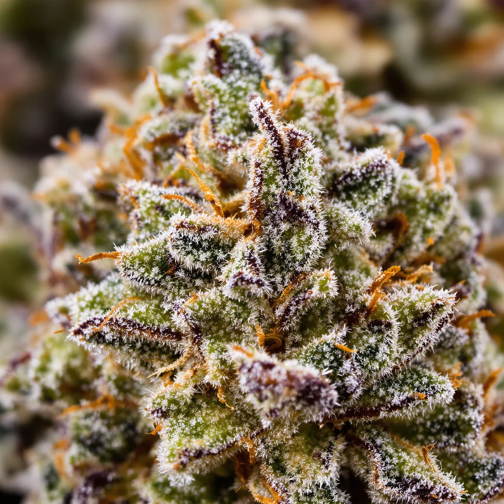 Apple Pie cannabis bud close-up showing balanced bud structure with frosted trichomes