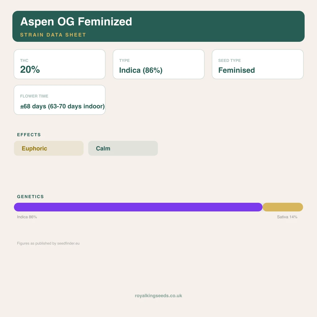 Aspen OG 86% indica / 14% sativa flower with visible trichomes